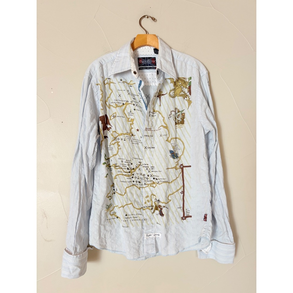 English Laundry Mens Light Blue Fantasy Map Graphic Button Down Shirt Size S